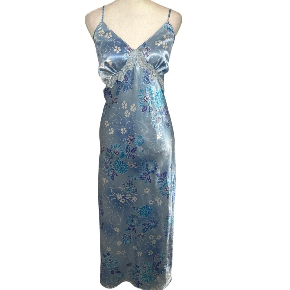 Y2K Babydoll Satin Fairy Coquette Whimsical Floral Slip Dress Maxi Lace Trim  M